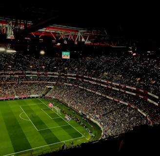 A large, illuminated stadium filled with a vast audience. The field is marked for soccer, with players actively participating in a match. The crowd is engaged, with numerous lights visible in the stands, possibly from phones. The stadium's roof structure is visible with red beams, and an electronic scoreboard shows a score of 0-0.